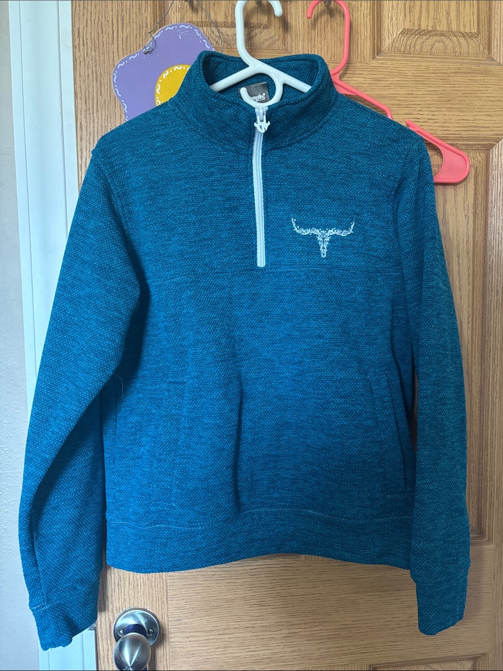 Women's Teal Quarter-Zip Pullover Sweatshirt with Embroidered Steer